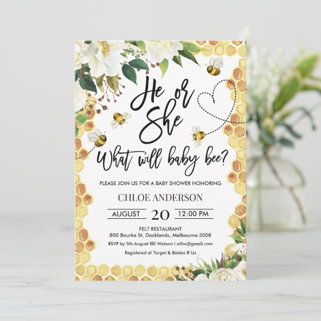 He or She Gender Reveal Bee Baby Shower Invitation (Standing Front)