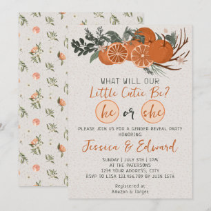 He or She Little Cutie Citrus Orange Gender Reveal Invitation