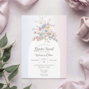He or She Pastel Floral Arch Gender Reveal Invitation
