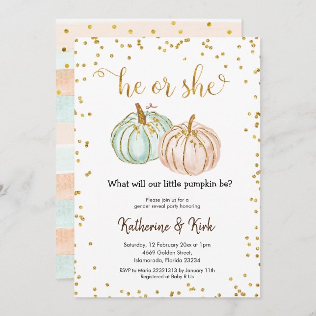 He Or She Pastel Pumpkin Gender Reveal Invitation (Front/Back)