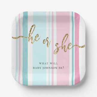 He or She Pink and Blue Gender Reveal Paper Plate