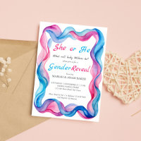 He or she pink and blue wavy ribbon gender reveal