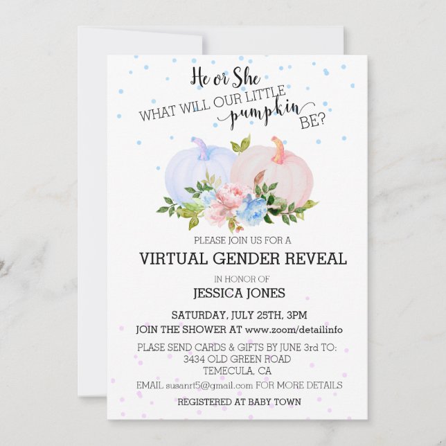 He or She Pink Blue Pumpkin Gender Reveal Virtual Invitation (Front)
