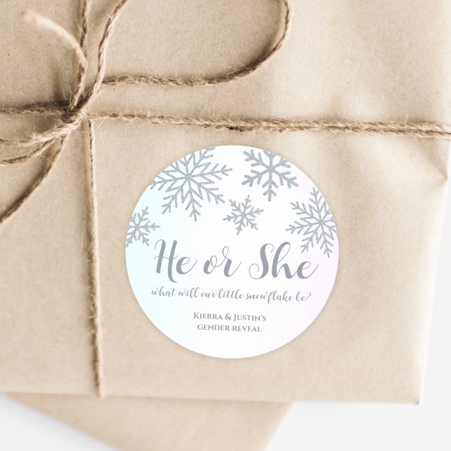 He Or She Pink Blue Winter Snowflake Gender Reveal Classic Round Sticker (winter snowflake gender reveal party sticker)