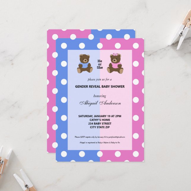 He or She Teddy Bear Gender Reveal Baby Shower Inv Invitation (Front/Back In Situ)