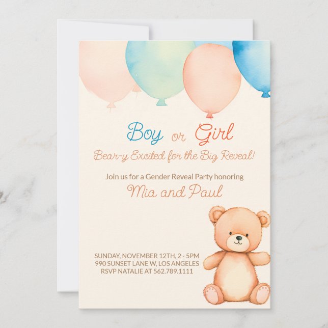 He or She Teddy Bear Gender Reveal Invitation (Front)