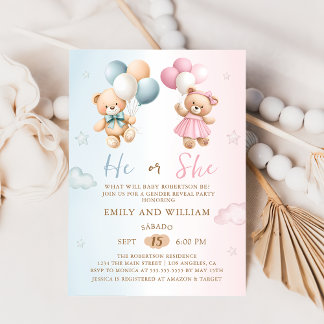 He or She Teddy Bear Gender Reveal Invitation