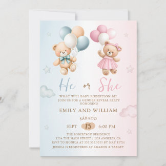 He or She Teddy Bear Gender Reveal Invitation