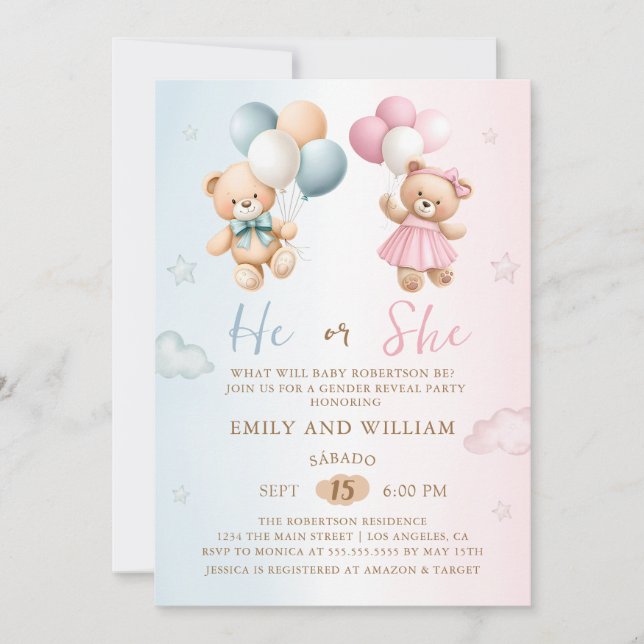 He or She Teddy Bear Gender Reveal Invitation (Front)
