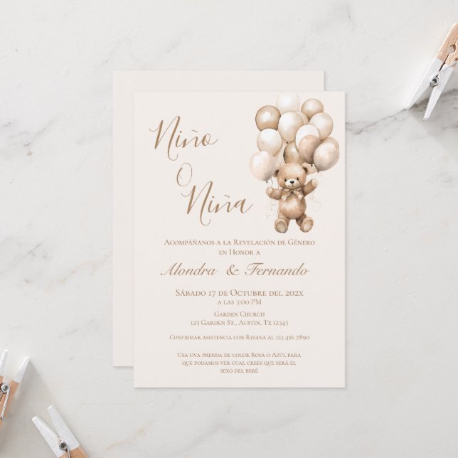 He or She Teddy Bear with Balloons Gender Reveal I Invitation (Front/Back In Situ)