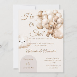 He or She Teddy Bear with Balloons Gender Reveal I Invitation