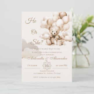 He or She Teddy Bear with Balloons Gender Reveal I Invitation