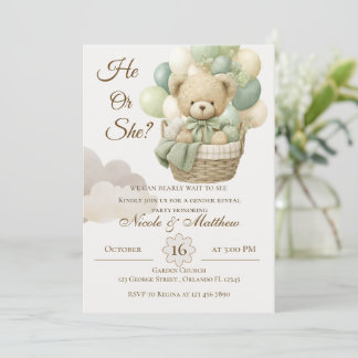 He or She Teddy Bear with Balloons Gender Reveal I Invitation