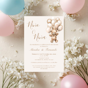 He or She Teddy Bear with Balloons Gender Reveal I Invitation
