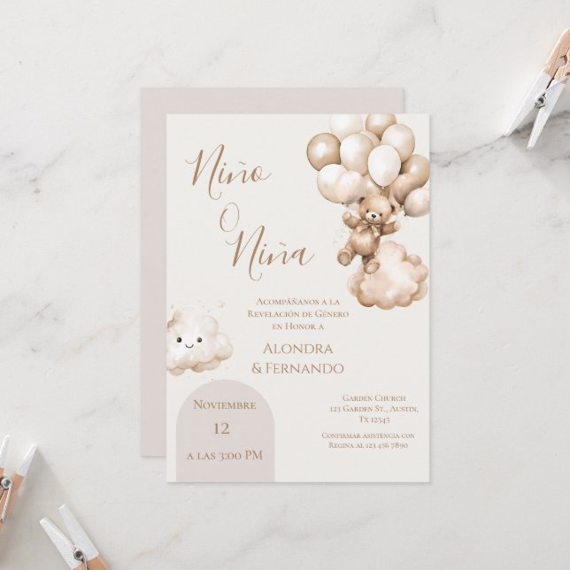 He or She Teddy Bear with Balloons Gender Reveal I Invitation (Front/Back In Situ)