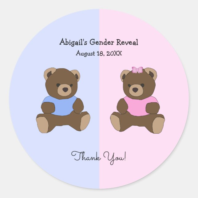 He or She Teddy Bears Gender Reveal Baby Shower Classic Round Sticker (Front)