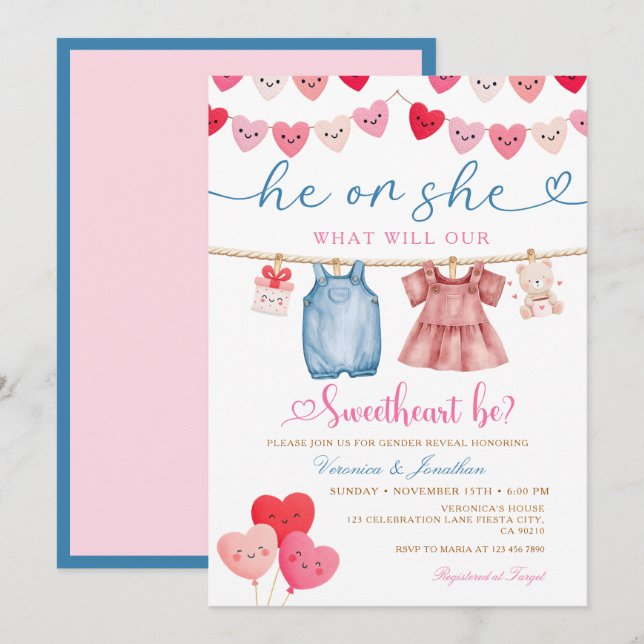 He or She Valentine Gender Reveal Clothesline  Invitation (Front/Back)