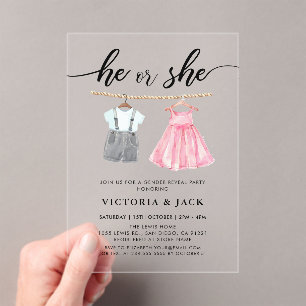 He or She Watercolor Baby Clothes Gender Reveal Acrylic Invitations