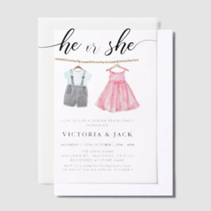 He or She Watercolor Baby Clothes Gender Reveal Vellum Invitations