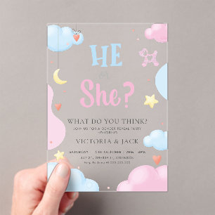 He or She Watercolor Clouds & Stars Gender Reveal Acrylic Invitations