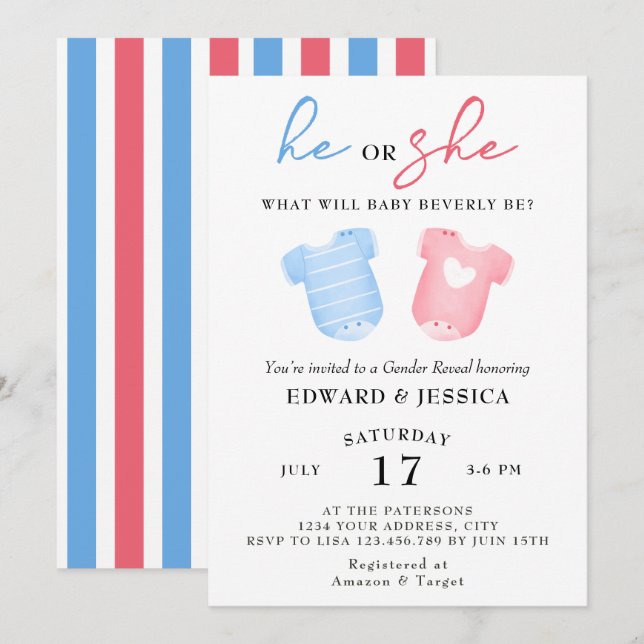 He or She What Will Baby Be Blue Pink Minimal Cute Invitation (Front/Back)