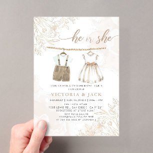 He or She Wildflower Baby Clothes Gender Reveal Acrylic Invitations