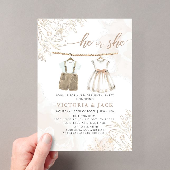 He or She Wildflower Baby Clothes Gender Reveal Acrylic Invitations (Insitu (Handheld))