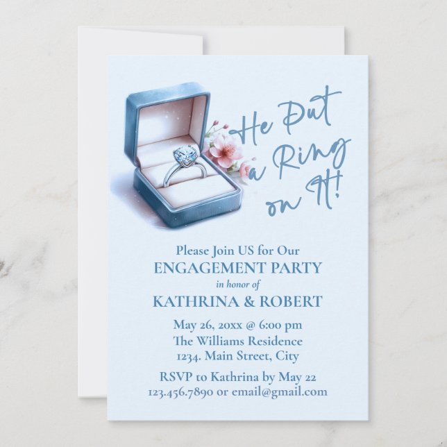 He Put a Ring on It! Blue Engagement Party Invitation (Front)