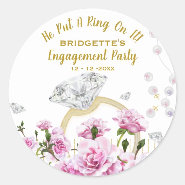 He Put A Ring On It Modern Diamond Floral Classic Round Sticker (Front)