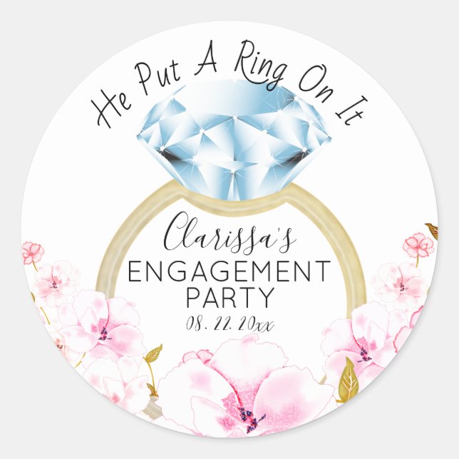 He Put A Ring On It Modern Diamond Floral Classic Round Sticker (Front)