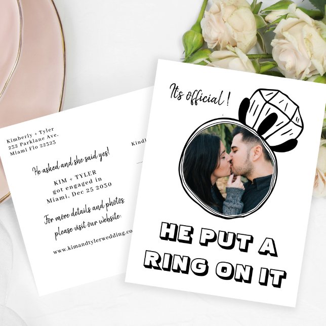 He put a ring on it photo casual engagement announcement postcard (Creator Uploaded)
