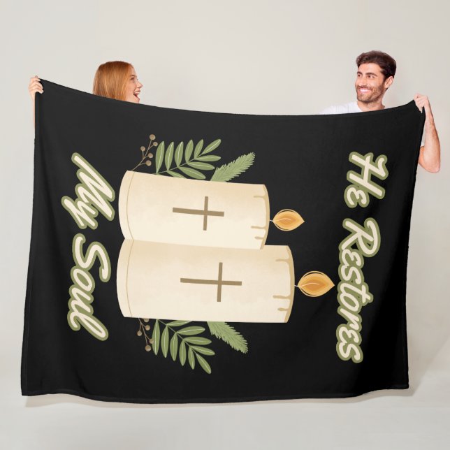 He Restores My Soul Bible Quote Fleece Blanket (In Situ)