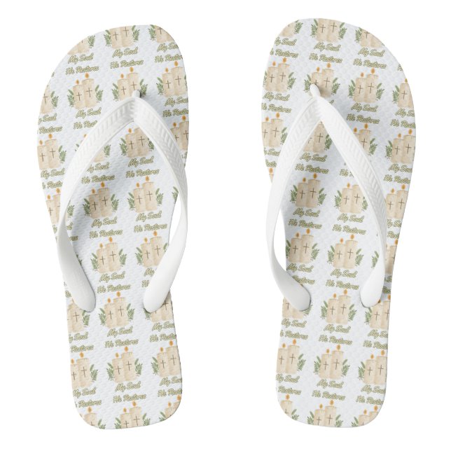 He Restores My Soul Bible Quote White All-Over Flip Flops (Footbed)
