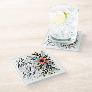 He restores my soul floral glass coaster