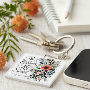 He restores my soul floral keychain