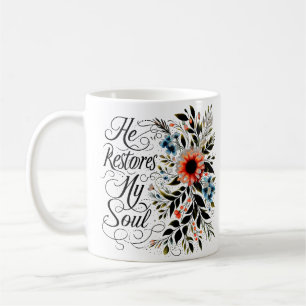 He restores my soul floral personalized coffee mug