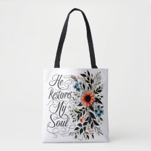 He restores my soul floral tote bag