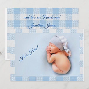 He’s Here Baby Boy Blue Gingham Modern Birth Announcement