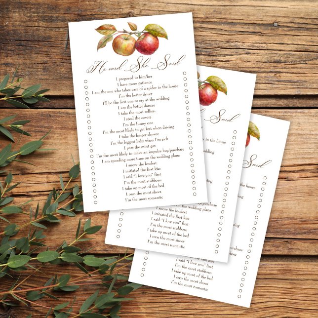 He said she said apple fall bridal shower game (He said she said apple fall bridal shower game cards appley ever after bridal shower games)