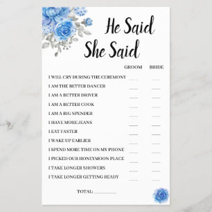 He Said She Said BlueFlower Bridal ShowerGame Card