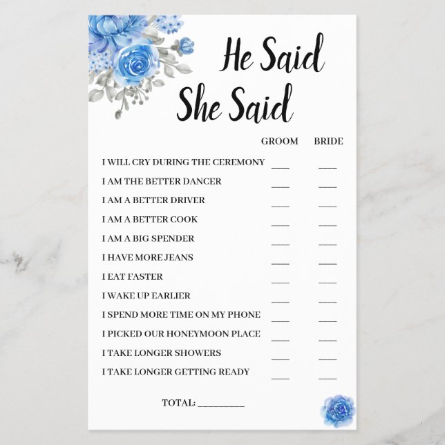 He Said She Said BlueFlower Bridal ShowerGame Card (Front)