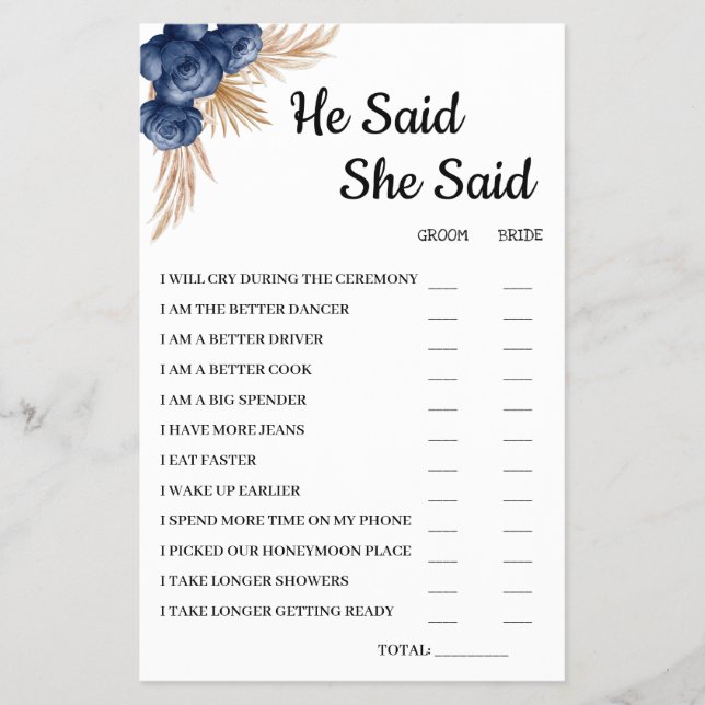 He Said She Said BlueFlower Bridal ShowerGame Card (Front)