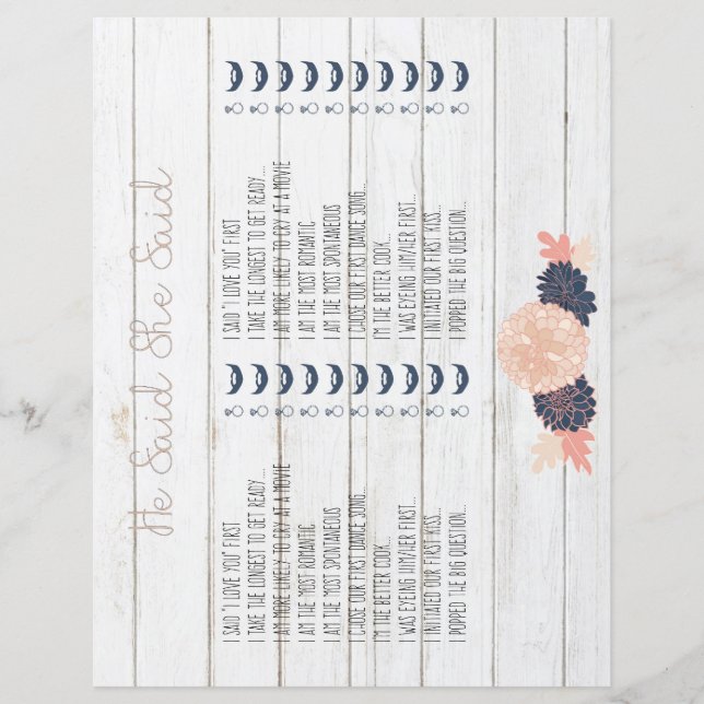 He Said She Said Blush Navy Bridal Shower Game (Front)