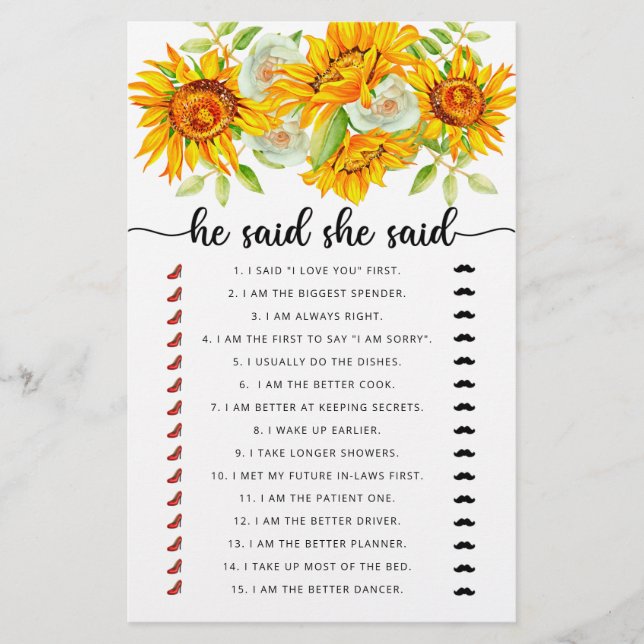 He said she said bridal shower game (Front)