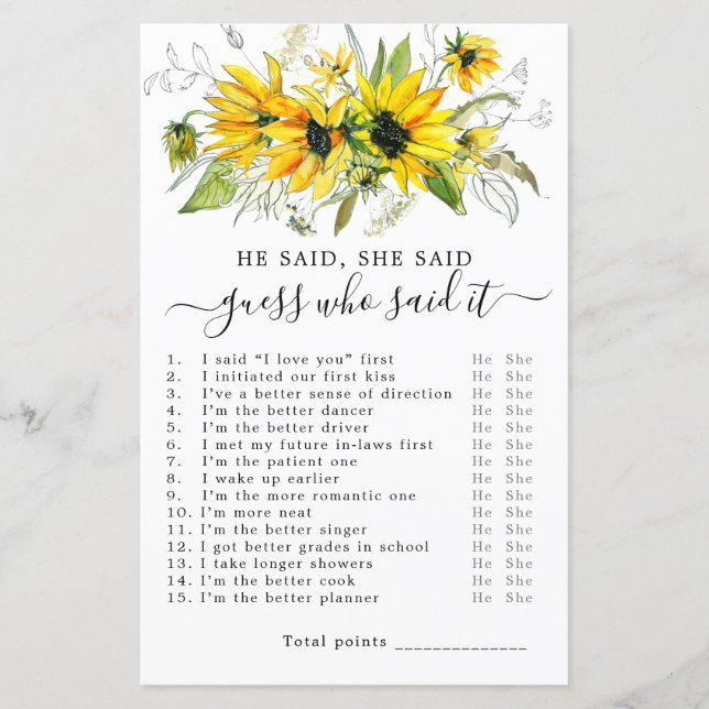 He Said She Said Bridal Shower Game (Front)