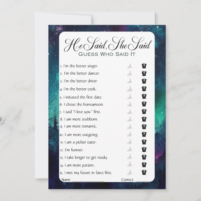 He Said She Said Bridal Shower Game Invitation (Front)