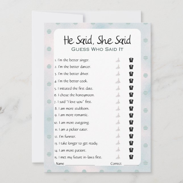 He Said She Said Bridal Shower Game Invitation (Front)