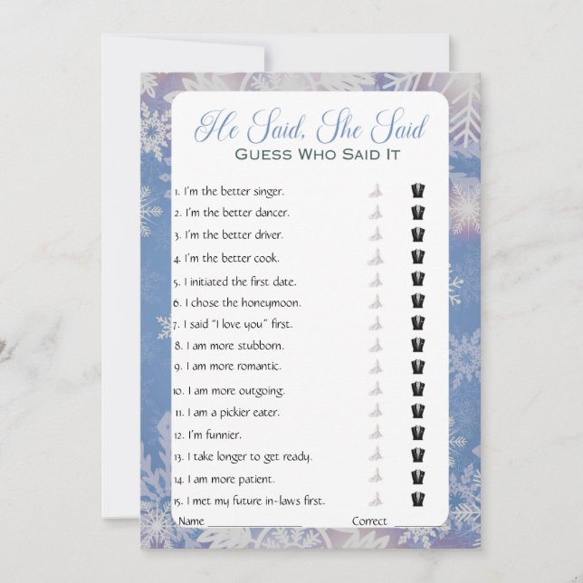 He Said She Said Bridal Shower Game Invitation (Front)