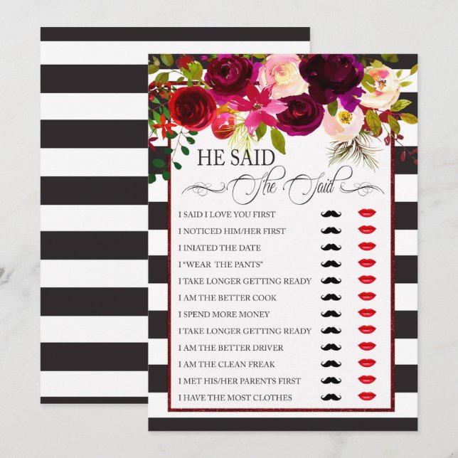 He Said/She Said Bridal Shower Game Invitation (Front/Back)