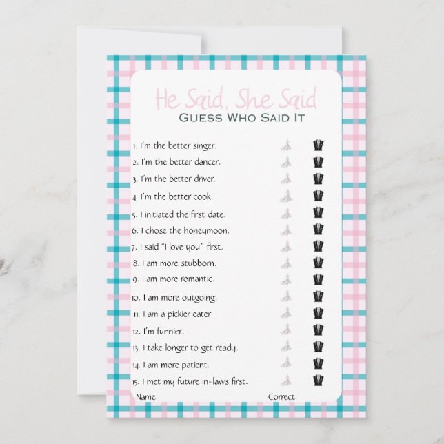 He Said She Said Bridal Shower Game Invitation (Front)